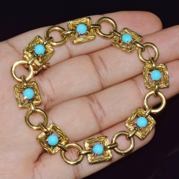 VINTAGE MID-CENTURY SOLID 18K GOLD & NATURAL PERSIAN TURQUOISE BRACELET - Picture 6 of 13